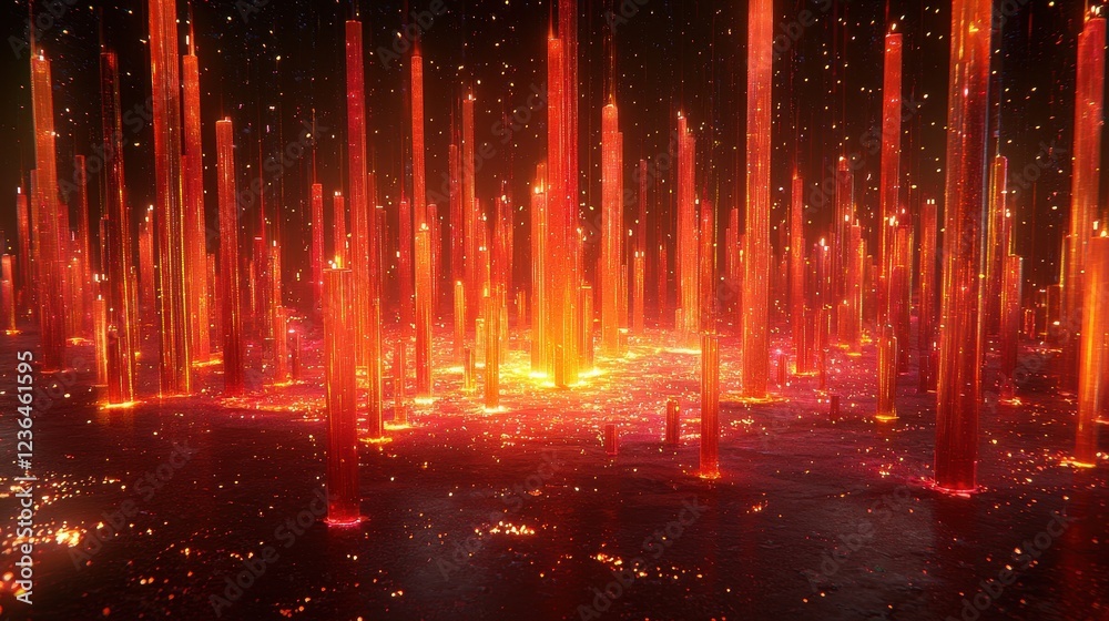 Fiery Digital Metropolis: Glowing Towers in a Molten Landscape Fiery Digital Metropolis: Glowing Towers in a Molten Landscape