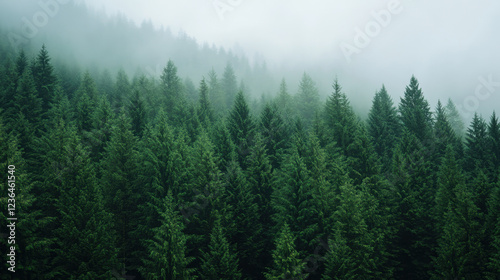 Lush green forest in Pacific Northwest on overcast day, enveloped in mist, creating serene and tranquil atmosphere