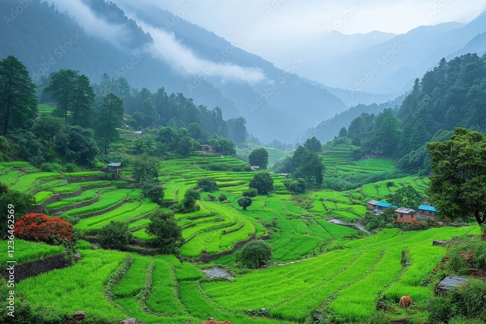 Fototapeta premium Lush terraced rice fields under misty mountains during early morning hours in a scenic valley