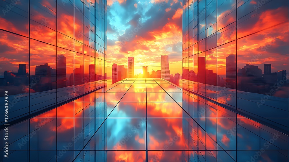 Fototapeta premium Cityscape reflected in modern glass building at sunset.