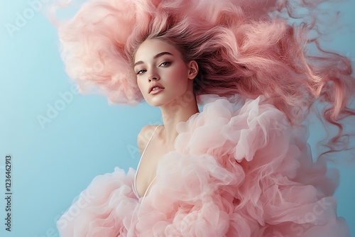 A stunning woman wearing a soft, pink cotton candy colored dress