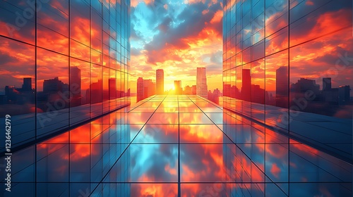Wallpaper Mural Cityscape reflected in modern glass building at sunset. Torontodigital.ca