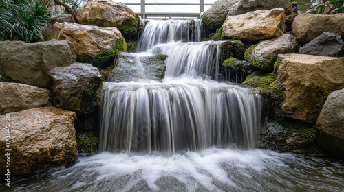 Serene Waterfall Flowing Over Smooth Rocks in Tranquil Setting