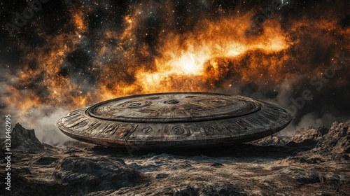 Alien spaceship on desolate planet, fiery nebula background; science fiction illustration, perfect for fantasy book covers