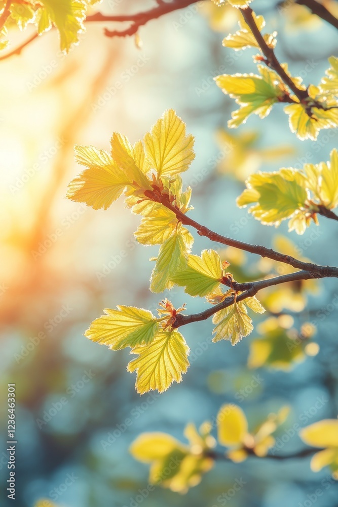 Backlit Green Spring Leaves on Branch, Shallow Depth of Field, Vibrant Green and Yellow Tones Backlit Green Spring Leaves on Branch, Shallow Depth of Field, Vibrant Green and Yellow Tones