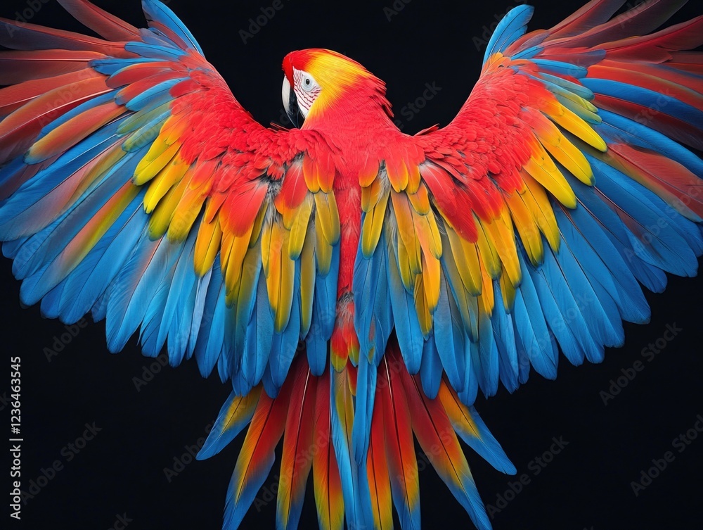 Fototapeta premium A stunning close-up of a parrot with vibrant red, yellow, and blue feathers spread wide against a dark background.