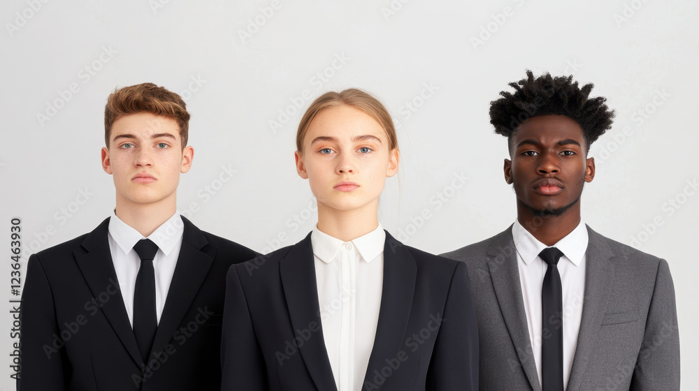 Young group of job applicants in formal suits, showcasing professionalism and confidence. Their expressions reflect determination and readiness for interviews Young group of job applicants in formal suits, showcasing professionalism and confidence. Their expressions reflect determination and readiness for interviews