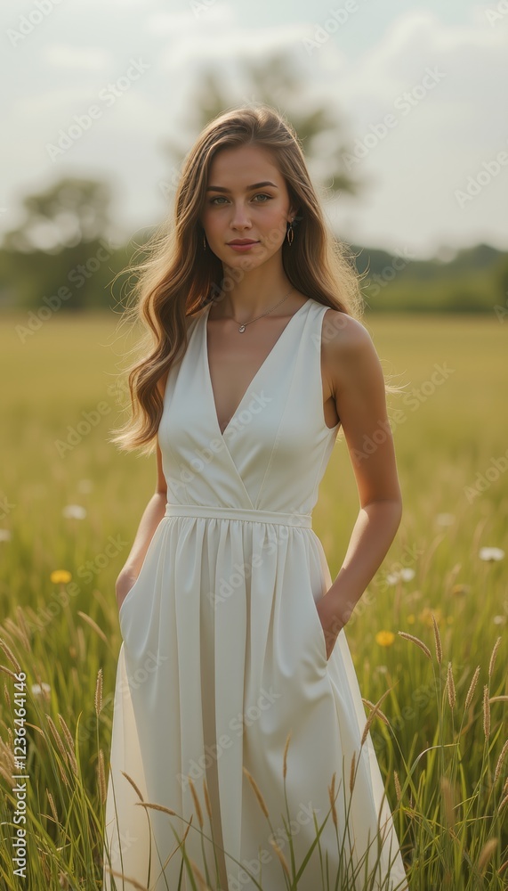 Graceful woman in a white dress standing amidst a golden field of flowers during sunset Graceful woman in a white dress standing amidst a golden field of flowers during sunset