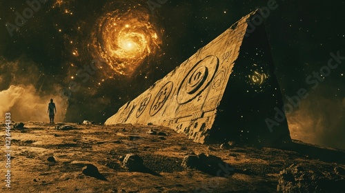 Lone figure explores ancient alien structure on desolate planet, cosmic swirl background; science fiction concept art