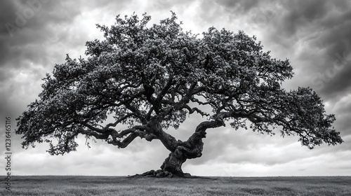 Majestic old tree in a dramatic, monochrome landscape.