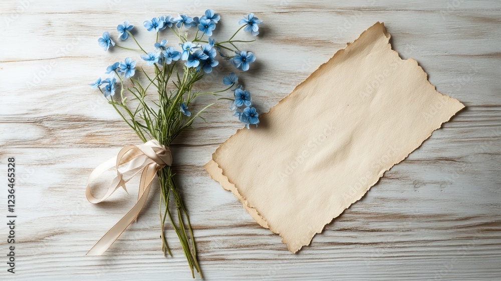 Obraz premium Blue Flowers Bouquet with Aged Paper on Wooden Surface