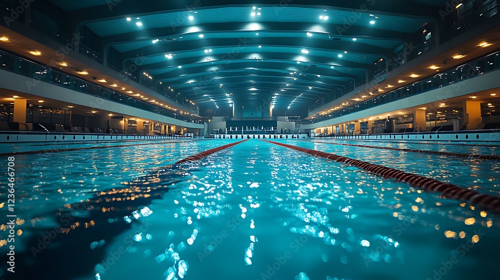 Fototapeta premium Indoor swimming pool at night, illuminated by bright lights, showing lanes and starting blocks.