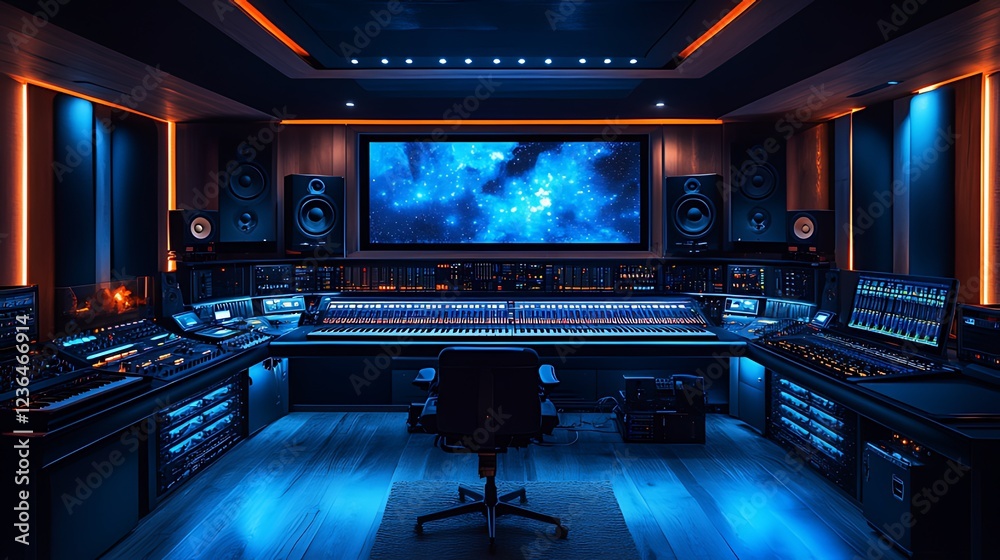 Modern professional recording studio with mixing console, monitors, and large screen displaying nebula.