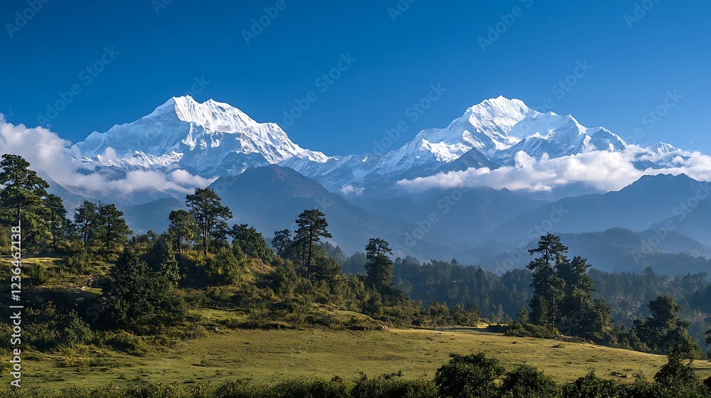 Majestic snow-capped Himalayas rise above a verdant valley under a clear blue sky. Majestic snow-capped Himalayas rise above a verdant valley under a clear blue sky.