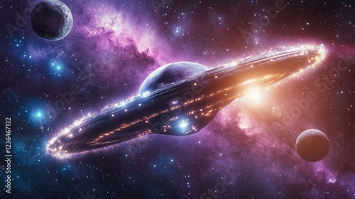 Glowing ringed planet in vibrant nebula, cosmic background, science fiction, space exploration