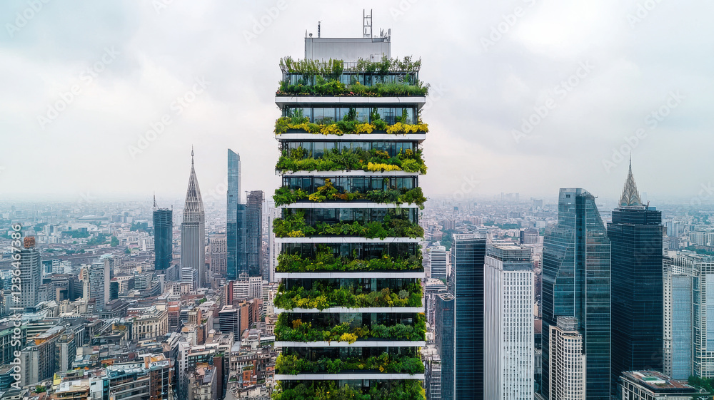 Obraz premium modern high rise building adorned with vertical gardens, showcasing urban greenery, Global Warming and Climate Crisis Themed