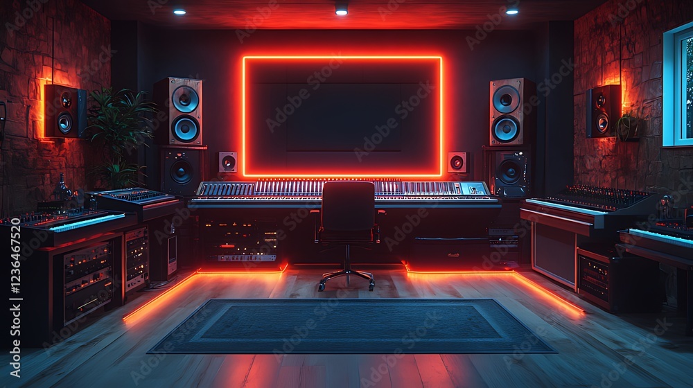 Modern music studio with neon lights, mixing console, speakers, and keyboards. Modern music studio with neon lights, mixing console, speakers, and keyboards.