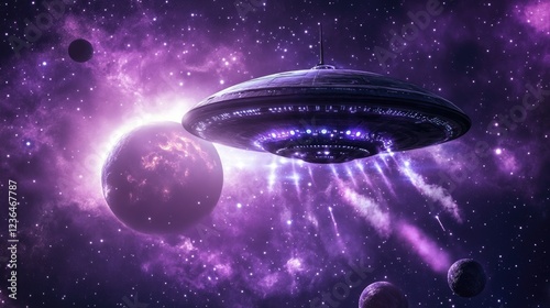 Spaceship landing on purple planet, cosmic background, science fiction illustration, perfect for fantasy backgrounds