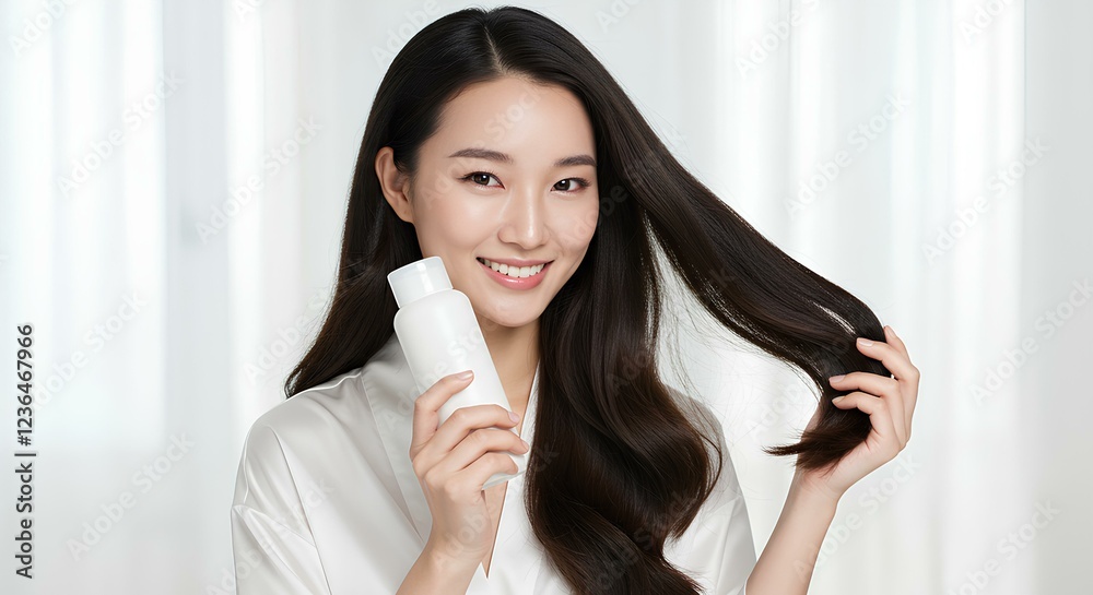 Haircare Product Bottle Mockup with Brunette Asian Woman Model Haircare Product Bottle Mockup with Brunette Asian Woman Model