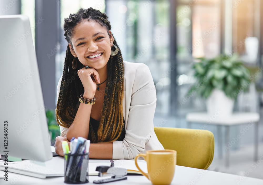 Obraz premium Portrait, happy secretary and businesswoman in creative office for administration. Face, startup and professional entrepreneur working at desk, African employee and confident receptionist in Ghana
