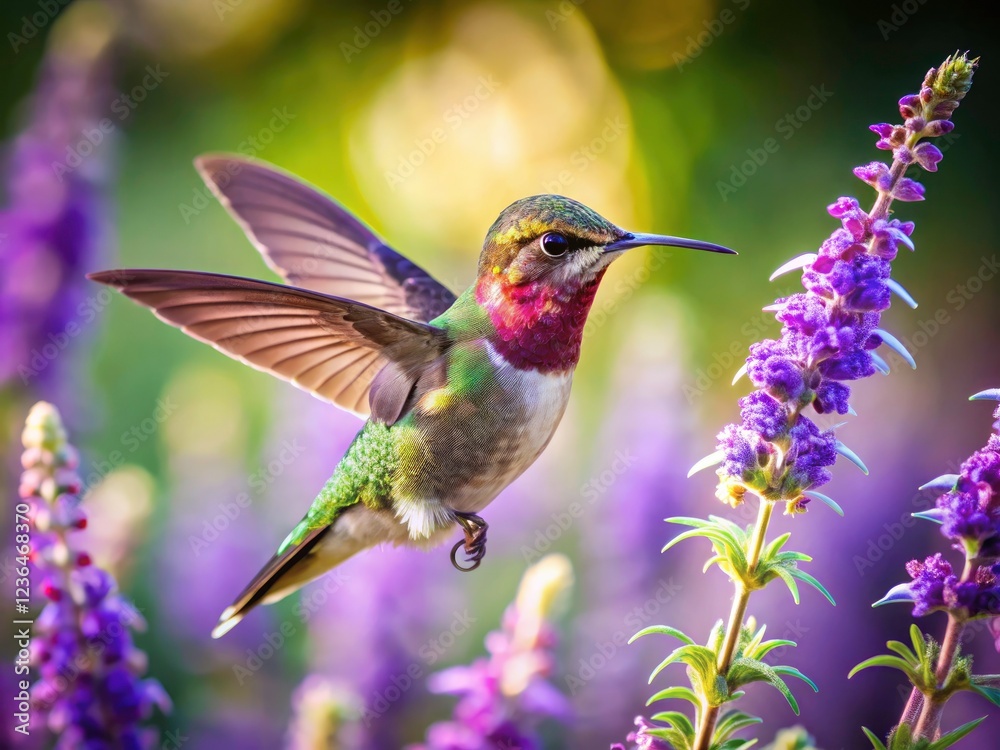 Fototapeta premium A Calypte anna hummingbird in flight, gracefully sipping nectar from Salvia leucantha, a stunning wildlife moment.