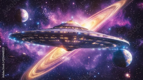 Spaceship exploring nebula, planets, and rings. Sci-fi artwork for space exploration