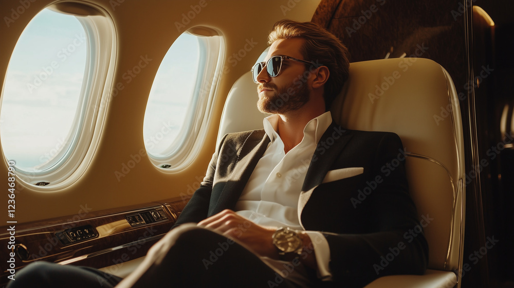 Naklejka premium Successful businessman relaxing in leather seat, wearing sunglasses and gazing through private jet window during business travel