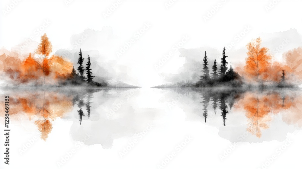 a beautiful watercolor painting of a lake with trees in the background, surrounded by a white background The trees are painted in shades of orange and black, creat a beautiful watercolor painting of a lake with trees in the background, surrounded by a white background The trees are painted in shades of orange and black, creat