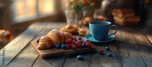 Delightful Morning: Croissant, Berries, and Coffee photo