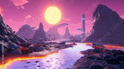 Alien planet landscape, futuristic city, lava river, sunset, background rocks; sci-fi game background