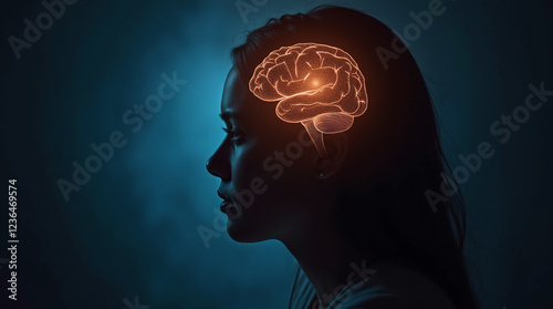 Woman with Glowing Brain in Head (Autism, Stroke, Epilepsy and Alzheimer Awareness, Seizure disorder, ADHD, world mental health day, Schizophrenia, Mental Illness and Neurology Diagnosis  photo