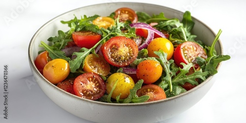 A vibrant garden-style salad with tomatoes, arugula, and pepper, served in a ceramic bowl. A healthy and refreshing summer meal.