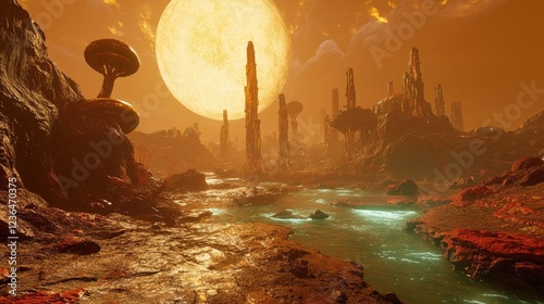 Alien planet river landscape, glowing water, large moon, rocky formations, futuristic architecture, science fiction scene, game asset