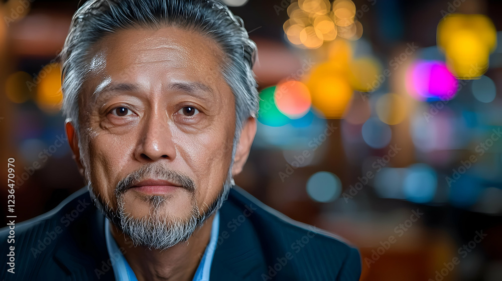 Obraz premium Serious Asian man portrait, city lights background, professional headshot