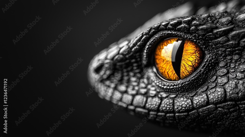 Fototapeta premium a close up of a black dragon's eye with yellow iris, set against a black background