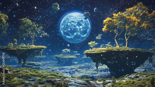 Alien planet landscape, floating islands, night sky, vibrant trees, science fiction