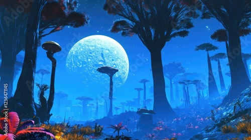 Alien Forest Night Bioluminescent flora under a large moon, an alien landscape at night, perfect for science fiction or fantasy backgrounds
