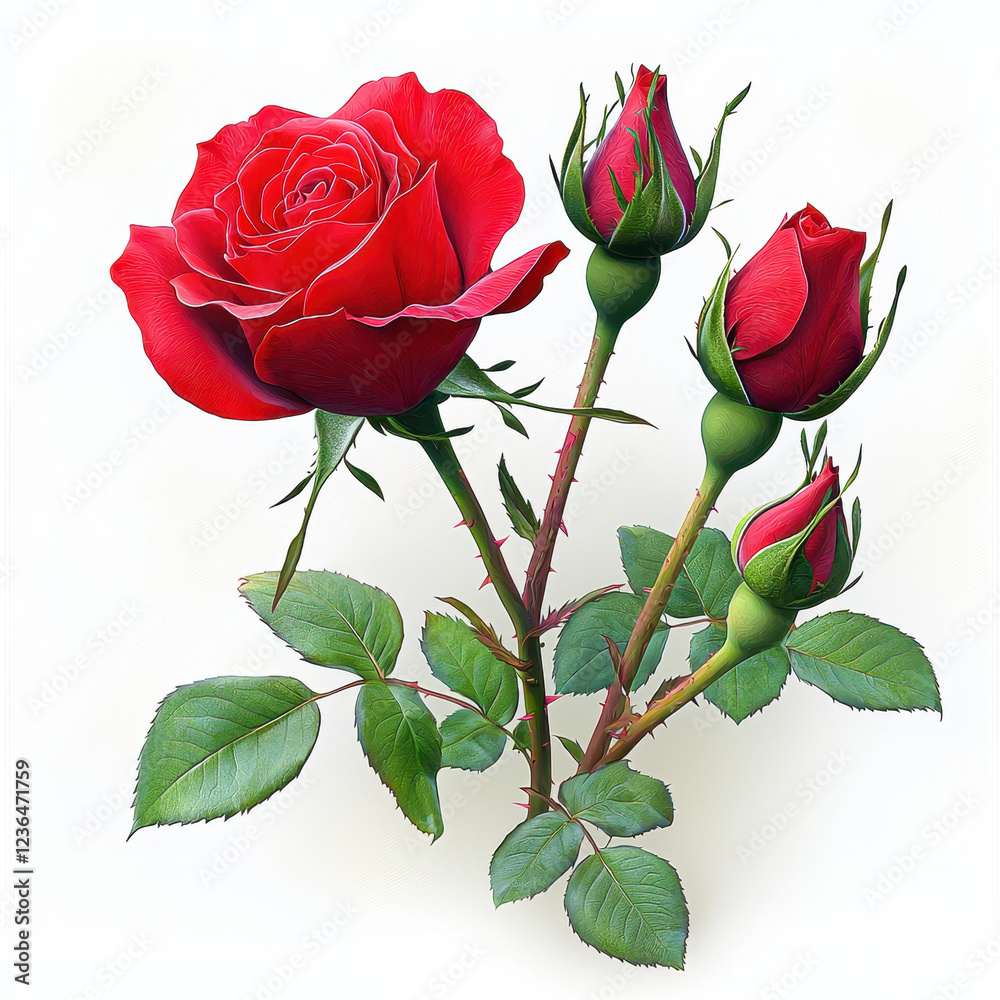 Obraz premium vibrant red rose with three buds and green leaves, symbolizing love and beauty