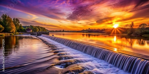 Silhouette of a weir on the river at sunset photo