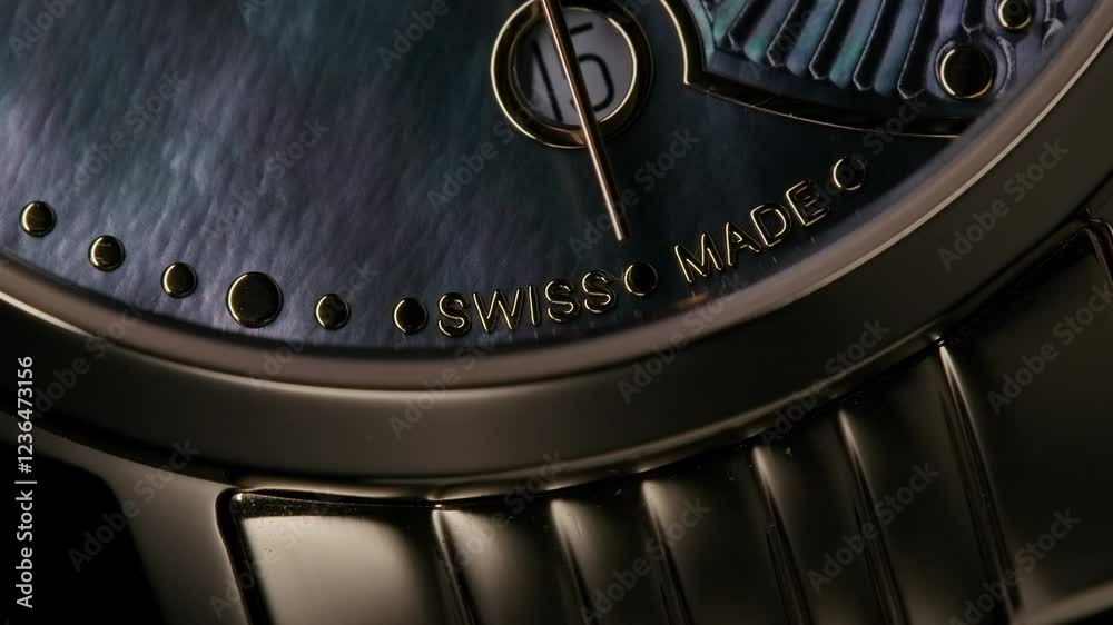 Zoom-in close-up of golden metallic luxury swiss women’s watch with deep blue nacre inlay and second arrow passing by the calendar. Light reveal the subject from the darkness