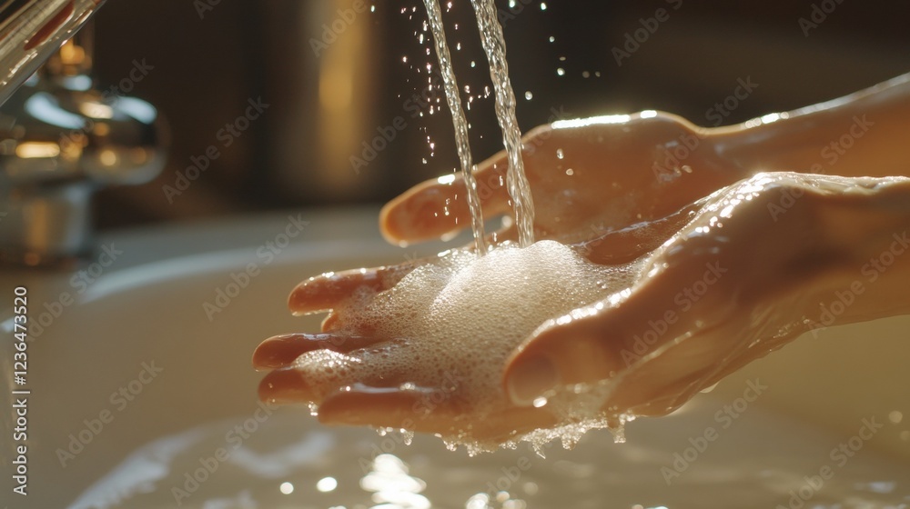 Fototapeta premium washing Hands Under Flowing Water with Soap Bubbles in a Sink