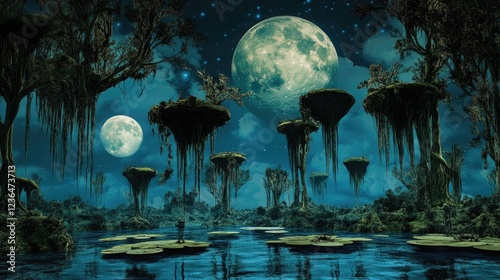 Ethereal swamp, floating islands, night sky, fantasy landscape, game background