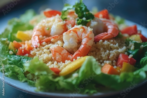 Fresh shrimp salad with vegetables served on a plate.
