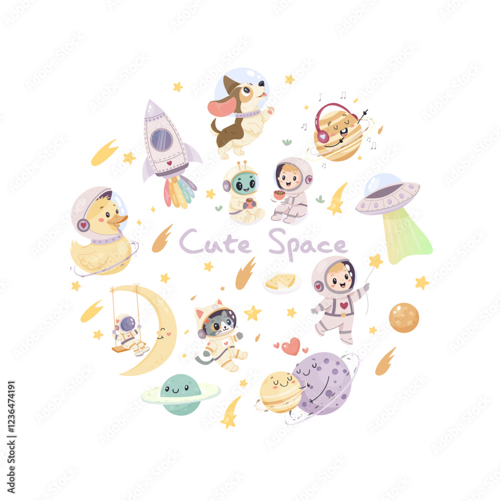 A set of cute space illustrations. Astronauts, rocket, cute cat and dog, duck, alien and planets. Print, sublimation A set of cute space illustrations. Astronauts, rocket, cute cat and dog, duck, alien and planets. Print, sublimation