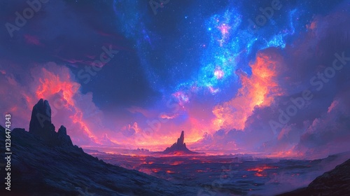 Alien planet sunset, fiery sky, rocky landscape, fantasy art, ideal for sci-fi backgrounds