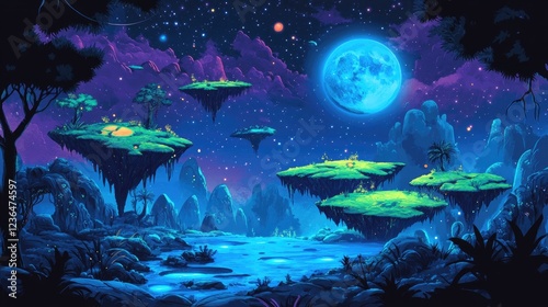 Surreal night landscape floating islands, moonlit lake, vibrant flora. Fantasy game background