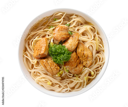 Top view chicken noodles in white plain bowl isolated on transparent background.Generative Ai