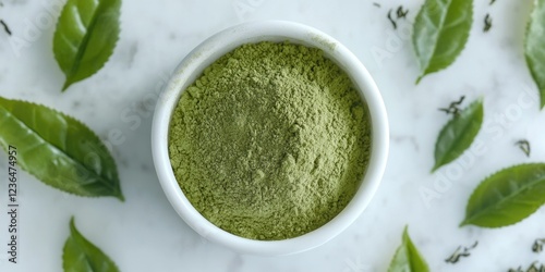 Close-up image of matcha green tea powder, a natural health supplement in a bowl with fresh herbs around it. Matcha is known for its antioxidants and is often used as a healthy additive to beverages.