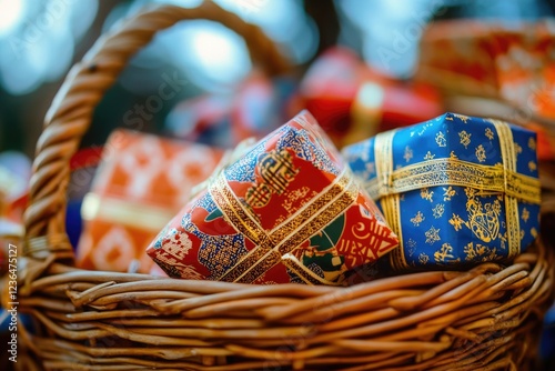 Collection of festive gift-wrapped presents in various vibrant colors, indicative of holiday celebrations and cultural traditions. photo