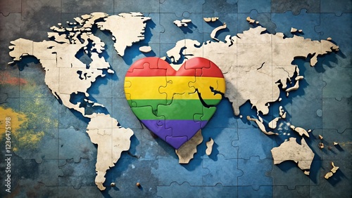 Fototapeta Naklejka Na Ścianę i Meble -  World Map with Gay Pride Puzzle Heart for Angola